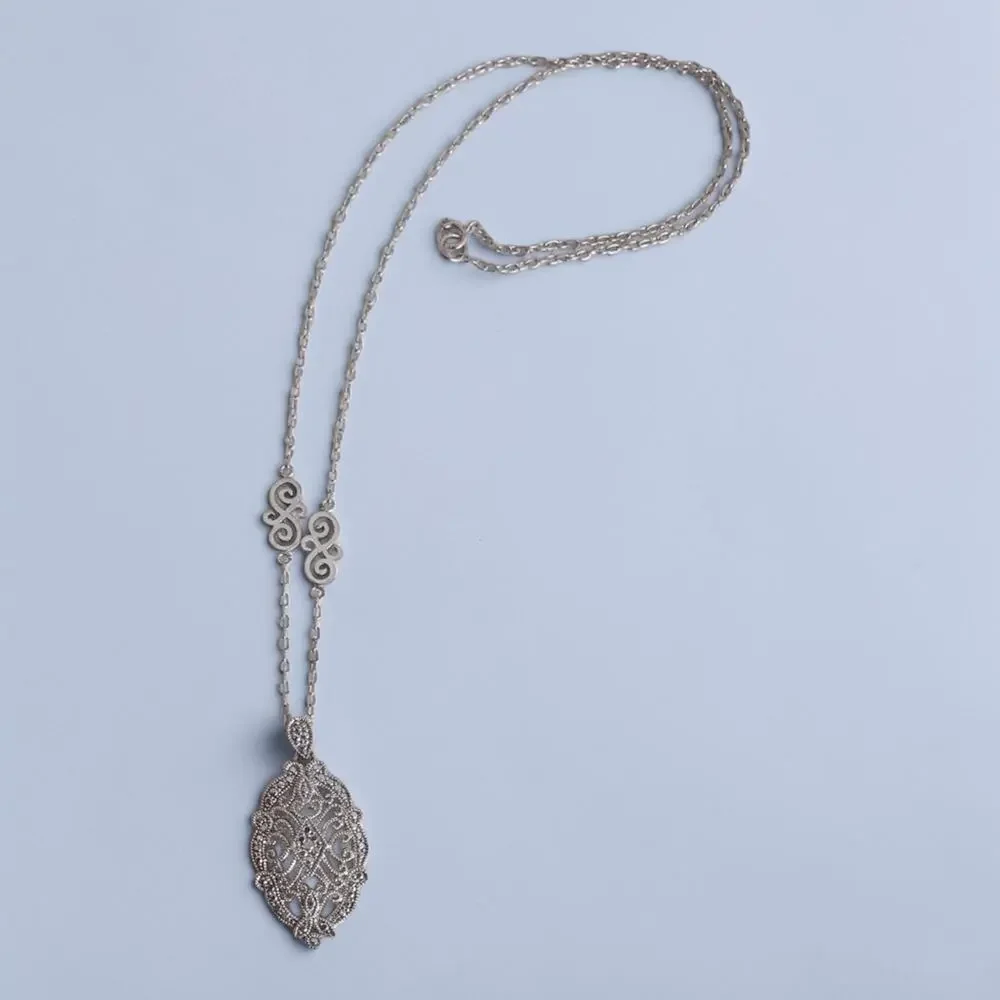 Vintage Sterling Silver Thai Filigree Pendant Necklace SAS Signed 18 Inch 6.8g - Picture 8 of 12